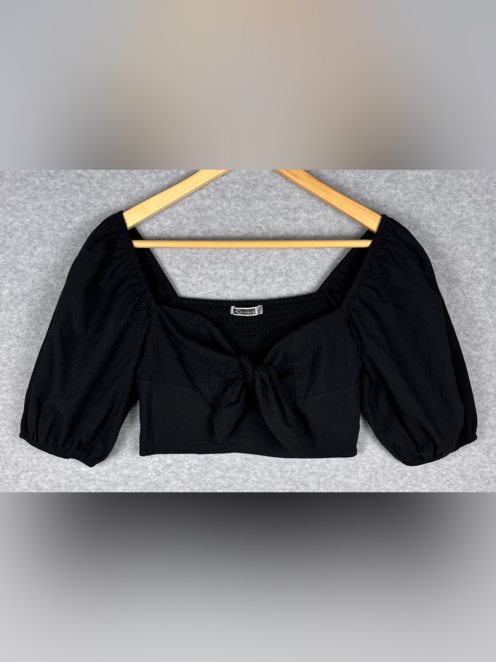 Kikula Black Puff Sleeve Tie Front Crop Top Womens Small Smocked Cottagecore